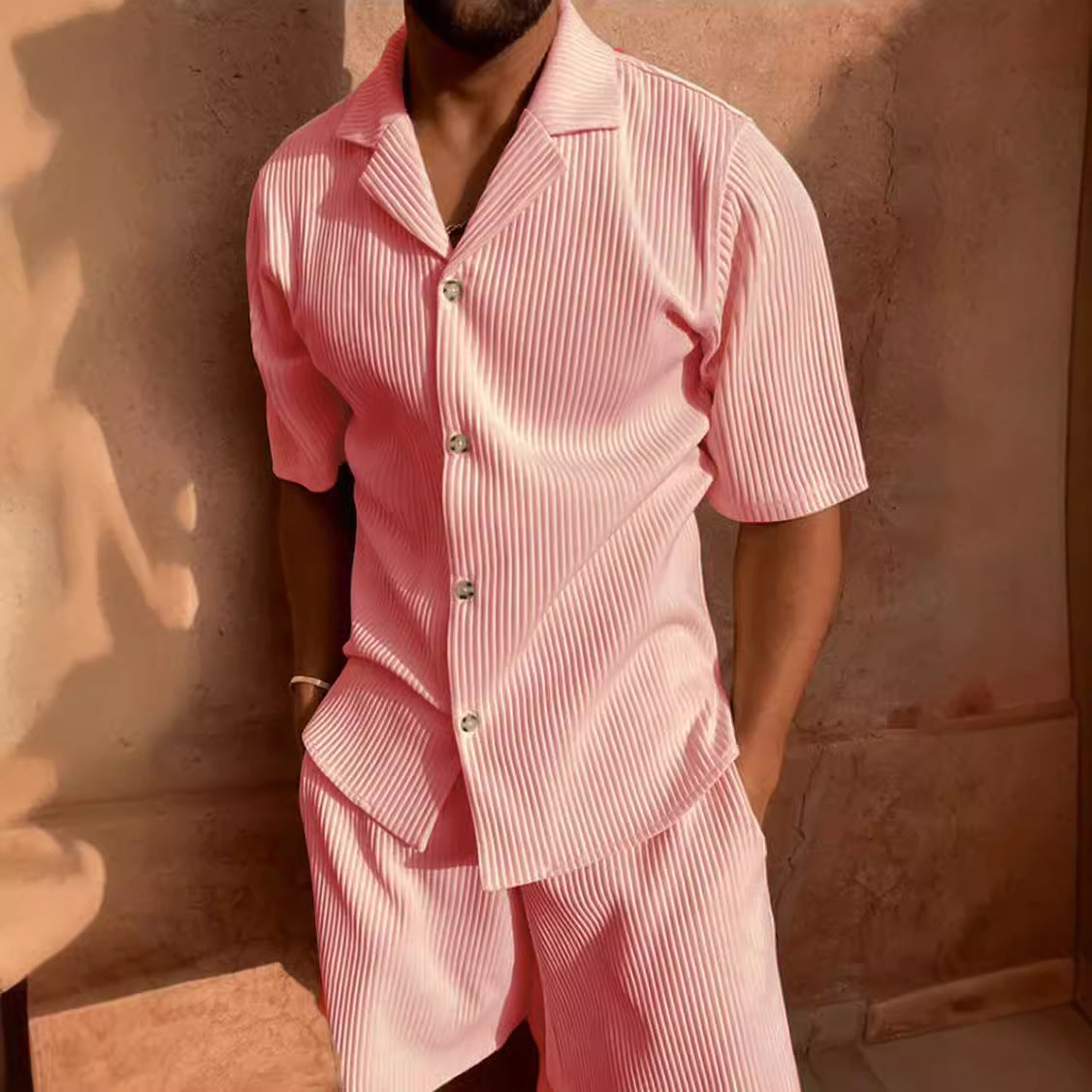 Men's Textured Pleated Lapel Shorts Set