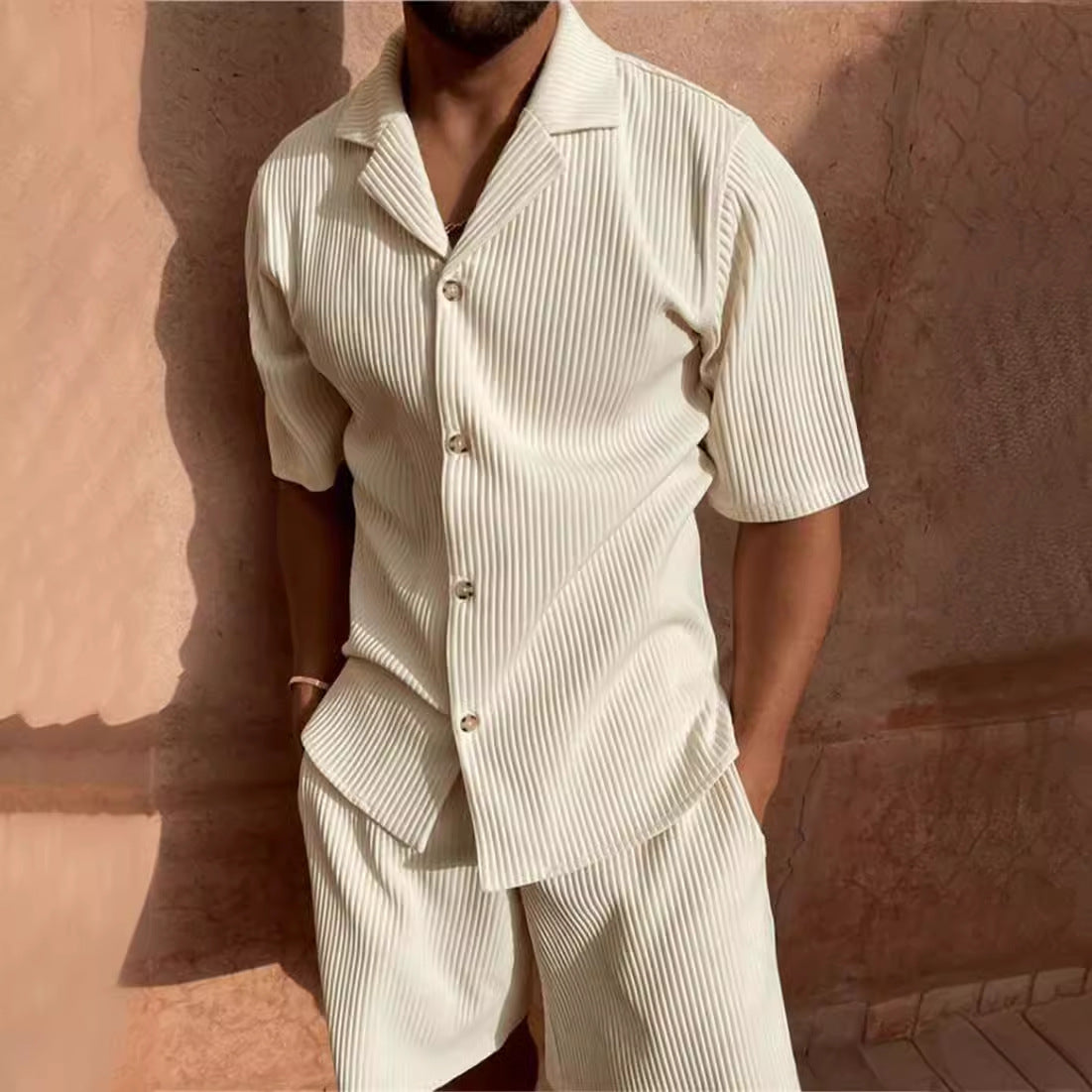 Men's Textured Pleated Lapel Shorts Set