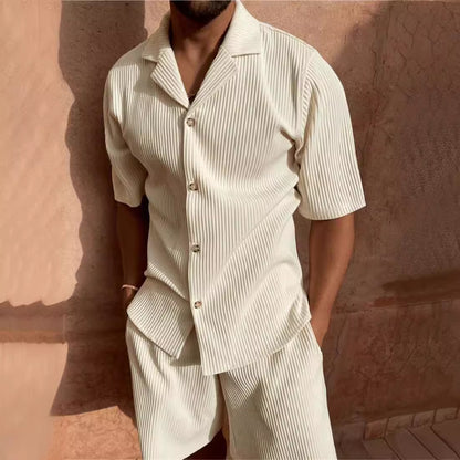 Men's Textured Pleated Lapel Shorts Set