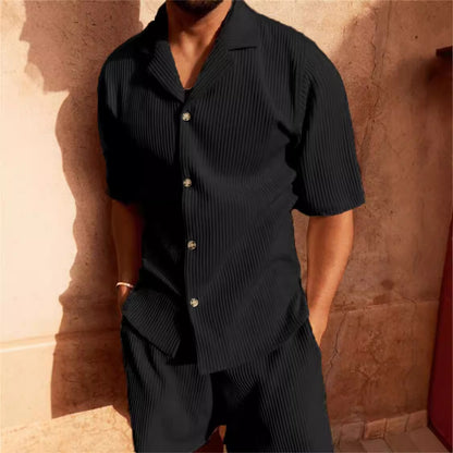Men's Textured Pleated Lapel Shorts Set