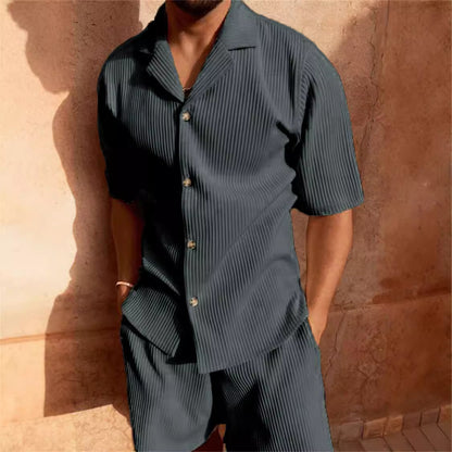 Men's Textured Pleated Lapel Shorts Set