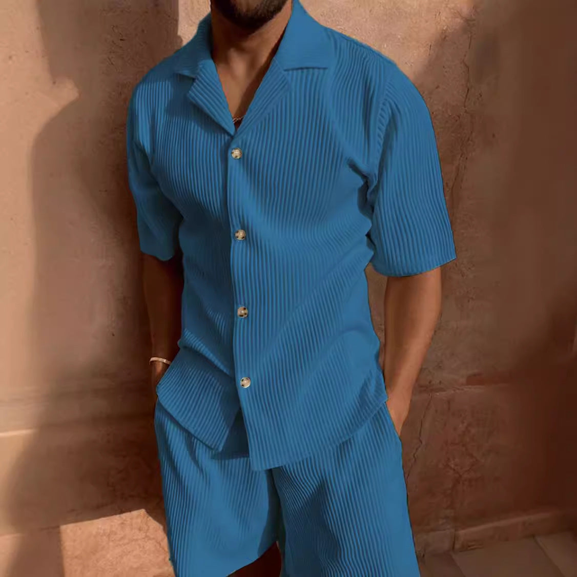 Men's Textured Pleated Lapel Shorts Set